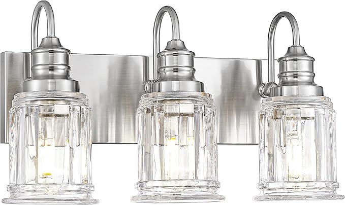 Bathroom Light Fixture, HWH 3-Light Vanity Light Brushed Nickel Modern Bathroom Lights Over Mirror, Bell-Shaped Fluted Glass, 5HZG106B-3W BN