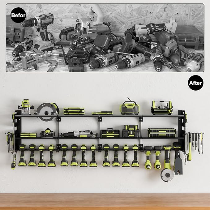 64" Power Tool Organizer Wall Mount, 16 Slots, 3-Tier Drill & Cordless Tool Storage Holder with Pegboard Sides, Tool Wall Organizer for Garage & Workshop Black