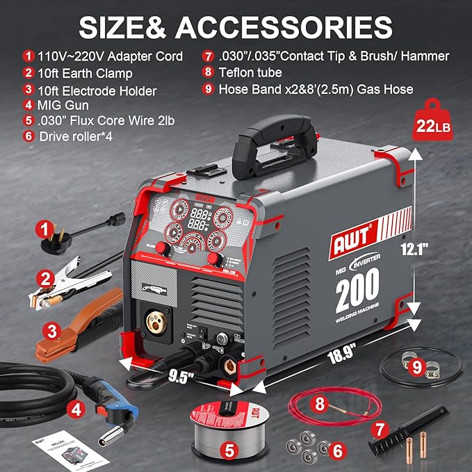 AWT MIG Welder, 200Amp 8 in 1 Gas MIG/Gasless Flux Core MIG/Stick/Lift TIG/Spot Welding/Spool Gun Aluminum MIG Welder, 110/220V Dual Voltage, Multi-Process Welding Machine With LED Digital Display