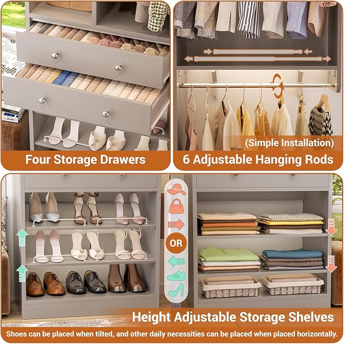 10FT Closet System with 4 Drawers, 120" Closet Organizer System with 6 Hanging Robs & Reversible Hanging Shelving, Closet Systems for Walk-in Closets, Load 2000+LBS, Morandi Grey 2 Pack