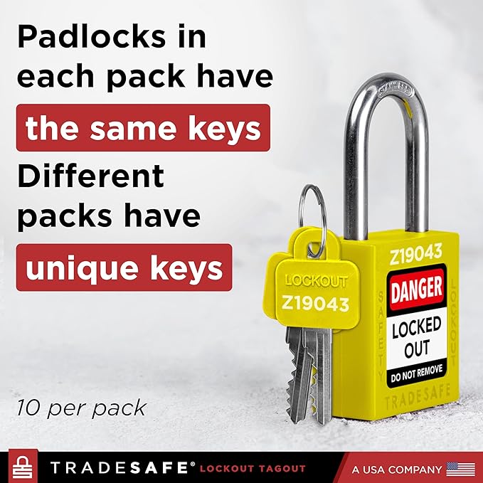 TRADESAFE Lockout Tagout Locks Set - 10 Yellow Keyed Alike Padlocks, 2 Keys Per Lock, OSHA Compliant Loto Locks