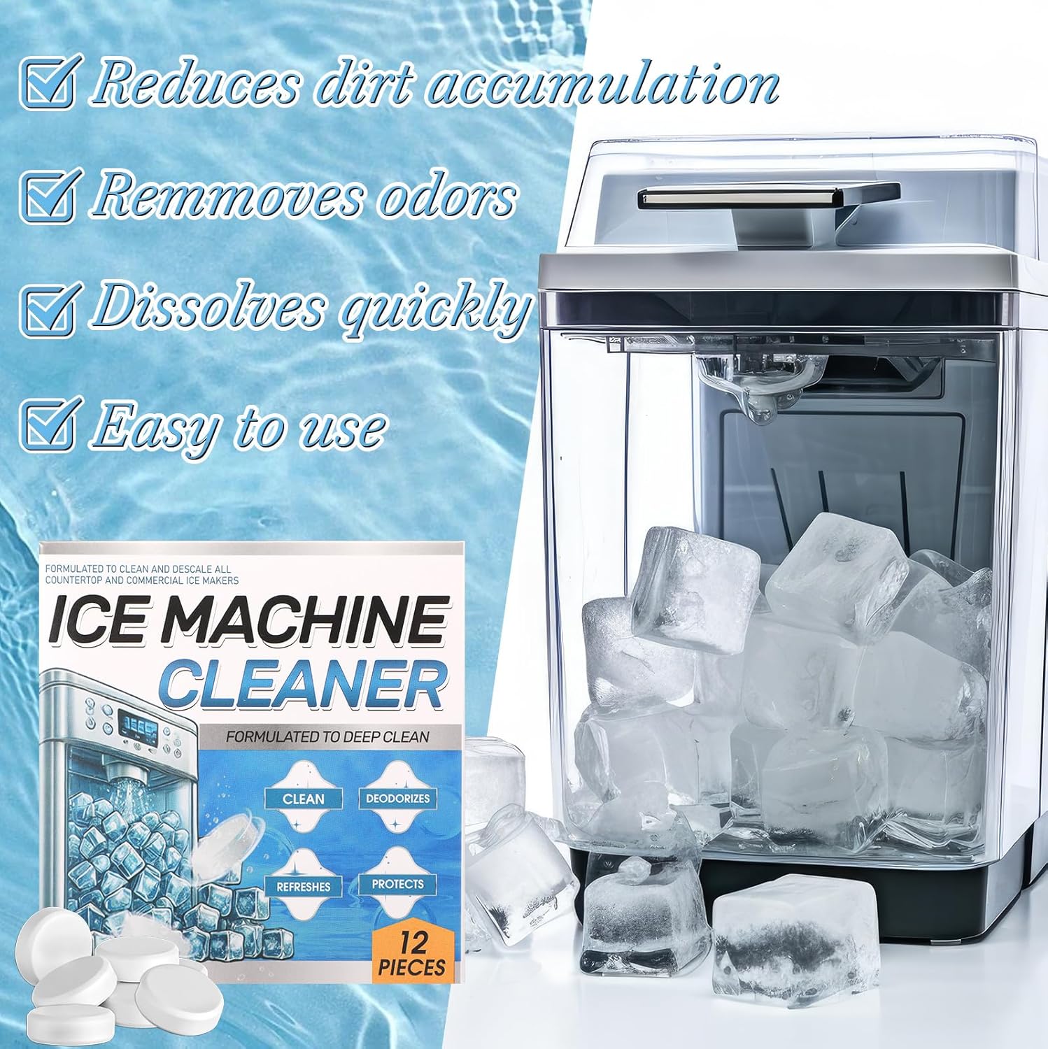 3 Pack 36 Pcs Ice Machine Cleaner Tablets Descaler, Clean Tablets for Ice Makers, Scale Remover for Countertop, Deep Cleaning, Remove Odor