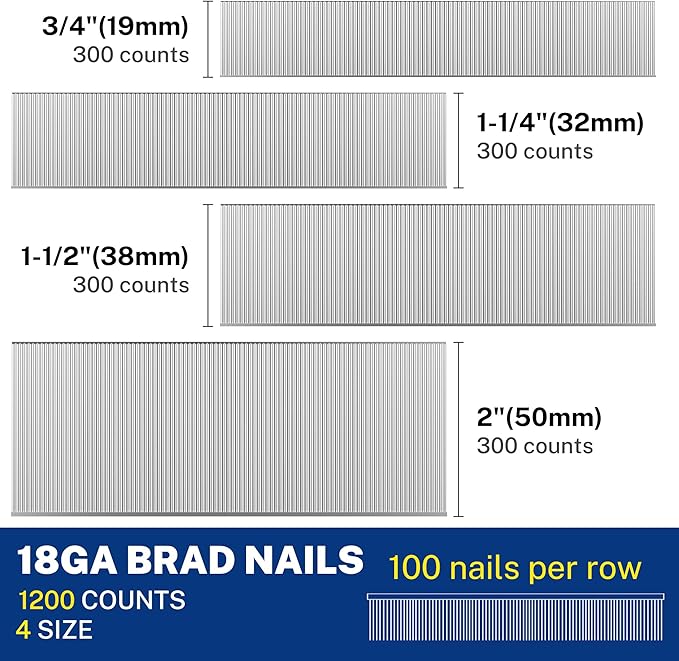 WORKPRO 1200 Count 18 Gauge Brad Nails, (2＂,1-1/2＂,1-1/4＂,3/4＂), Universal Brad Nail Gun Nails for Pneumatic & Electric Brad Nailers