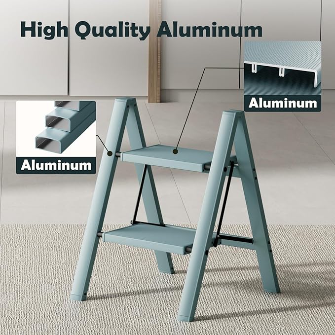 Taranta 2 Step Ladder,Aluminum Lightweight Folding 2 Step Stool with Anti-Slip Wide Pedal,330lbs Capacity Step Ladder for Household,Kitchen,Office - Serene Blue