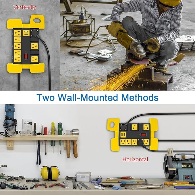 Heavy Duty Power Strip with USB, Workshop 8 Outlet Surge Protector 2700 Joules, Industrial Metal 15Amp Power Strip, 10 FT Extension Cord and Wide Spaced Black.