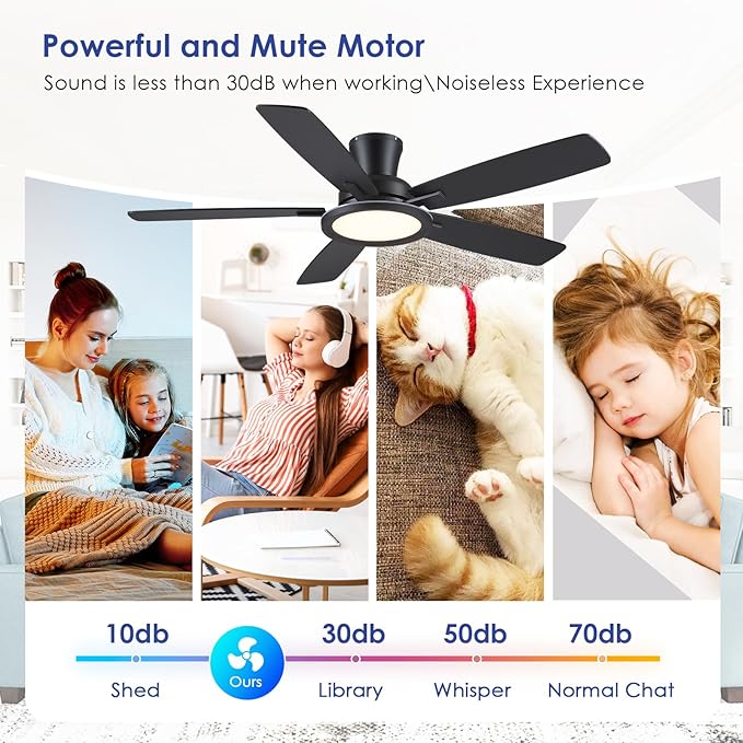 52" Flush Mount Ceiling Fan with Lights and Remote - Black Modern Ceiling Fan, Reversible and 5 Dual-Sided Blades, Low Profile Fan Light for Indoor Bedroom, Covered Patios