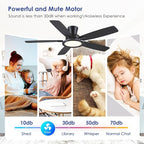 52" Flush Mount Ceiling Fan with Lights and Remote - Black Modern Ceiling Fan, Reversible and 5 Dual-Sided Blades, Low Profile Fan Light for Indoor Bedroom, Covered Patios