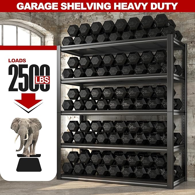 REIBII 48" W Garage Shelving 2500LBS Storage Shelves Adjustable Metal Shelving Heavy Duty Garage Shelves for Warehouse Pantry Basement 48" W x 72" H x 18" D, 2 Pack