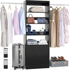 8FT Closet System, 96 Inch Closet Organizer System with Hanging Rods, Heavy Duty Clothing Rack with Cabinet, Walk In Mounted Closet System, Built-In Clothes Garment Rack, Black