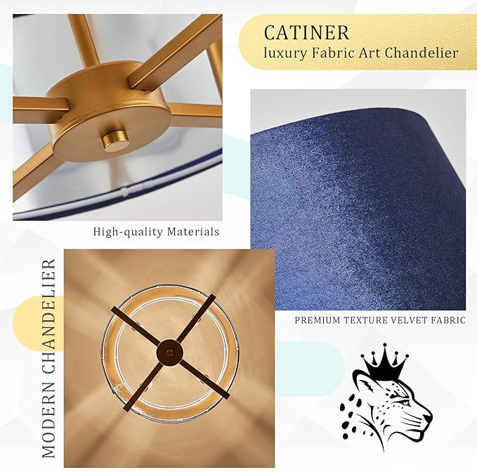 Drum Chandelier,18” Blue and Gold Round Ceiling Pendant Light Fixture Velvet Fabric Shade 4 Lights Modern Semi Flush Mount Hanging Chandelier for Dining Room Foyer Hallway