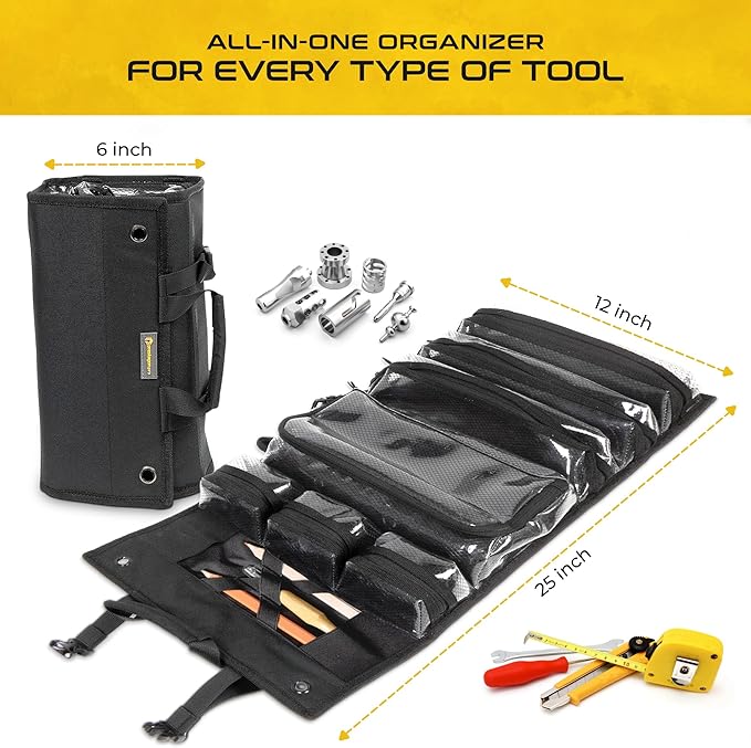 Heavy-Duty Roll Up Tool Bag Organizer w/Transparent Pockets for Quick View & Easy Access. 7 Reinforced Pockets w/Zippers, Multiple Carrying & Hanging Handles, Elastic Organizers & Adjustable Strap