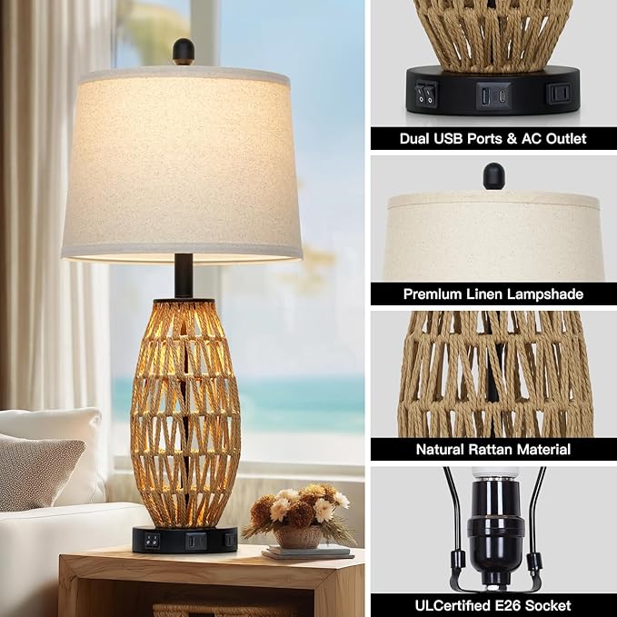 27" Boho Rattan Table Lamp with Night Light, Wicker Bedside Lamp with USB A+C Charging Port & AC Outlet, Woven Coastal Bedroom Lamps for Nightstand, Tall Farmhouse Lamps for Living Room Single