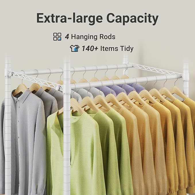 VIPEK R2 Pro Rolling Garment Rack Heavy Duty Clothes Rack with Locking Wheels Adjustable Shelves 2-Sided Hanging Rods Metal Closet Freestanding Clothing Racks, Max load 600lbs, White