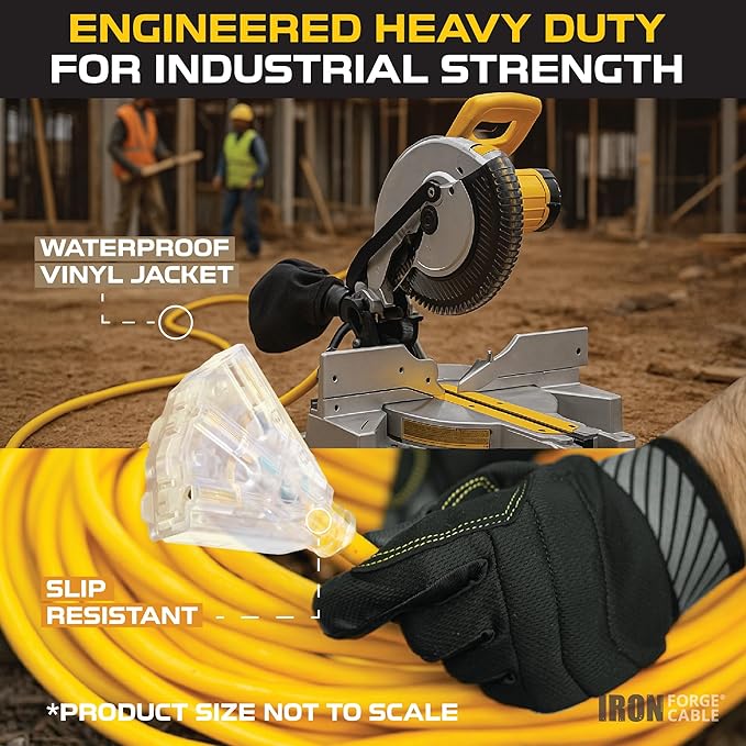 Iron Forge Cable 10 Gauge 3ft Lighted Outdoor Heavy Duty Extension Cord with 3 Outlets - 15 Amp 10/3 SJTW Yellow Extension Cord with Multiple Outlets