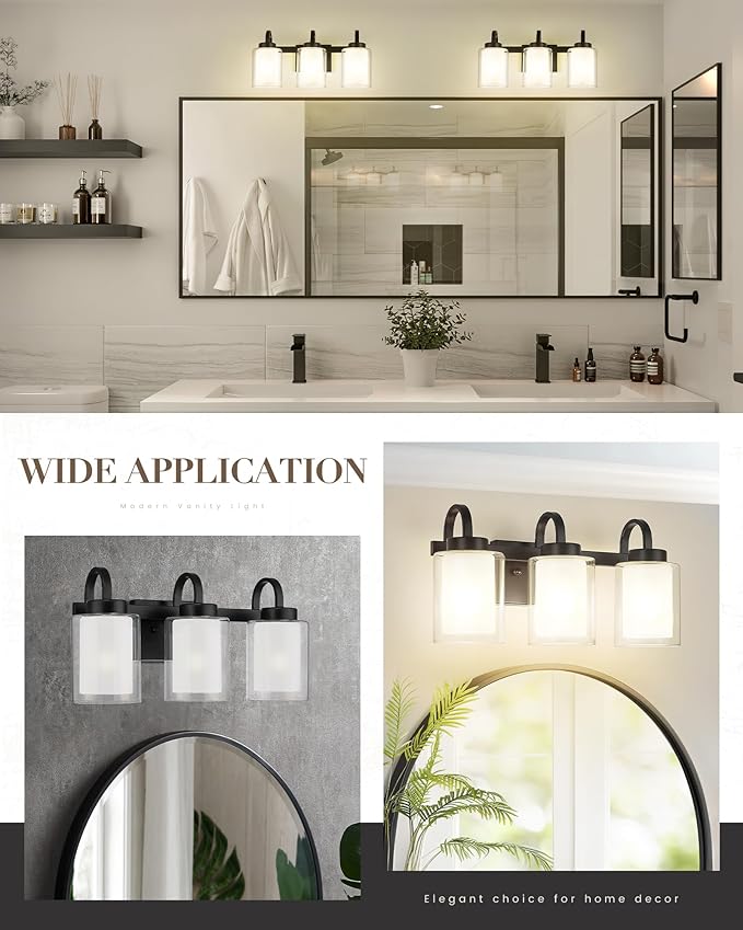 TENGXIN 3-Light Bathroom Vanity Light, Black Vanity Light Over Mirror, Farmhouse Wall Sconces with Dual Glass Shade, Modern Wall Lamp for Bedroom Hallway Living Room Cabinet