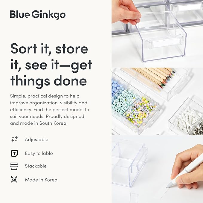 Blue Ginkgo Medium 16-Drawer Cabinet – Stackable Clear Organizer for Hardware, Beads, Plastic Bricks, Office, and Craft Storage (Made in Korea, Blue)