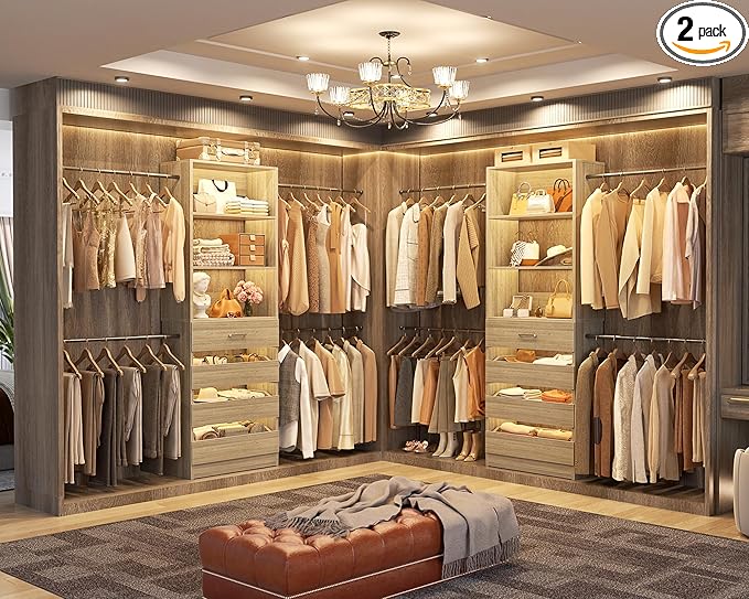 Aheaplus Closet System Set of 2, 4-9Ft Wood Closet Organizer with Drawers & Shelves, Closet Organizer System with 8 Hanging Rods, Walk-in Closets Organizer Wardrobe Closet Rack, White Oak1