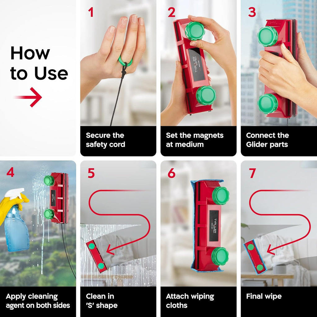 Tyroler Magnetic Window Cleaner Tool | The Glider D4 Window Cleaning Tool Fits Windows 0.1"-1.6" Thick | All-in-One Window Cleaning Kit | Magnetic Glass Cleaner Tool | Magnet Window Cleaner Tool