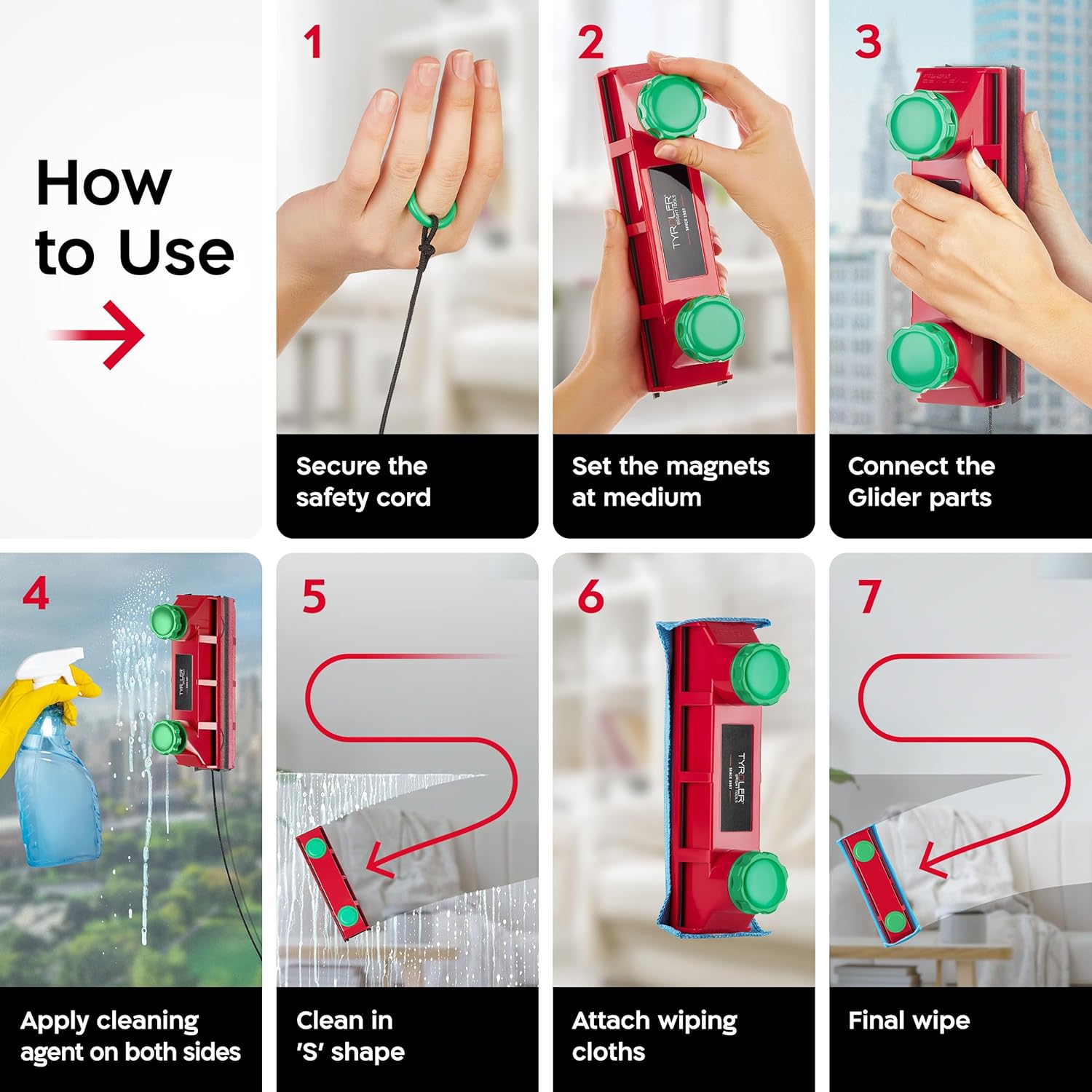 Tyroler Magnetic Window Cleaner Tool | The Glider D4 Window Cleaning Tool Fits Windows 0.1"-1.6" Thick | All-in-One Window Cleaning Kit | Magnetic Glass Cleaner Tool | Magnet Window Cleaner Tool