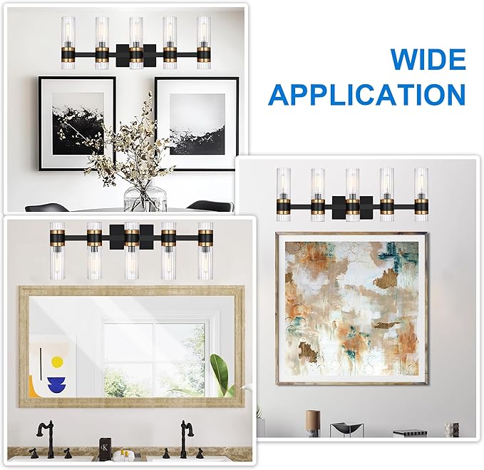 MELUCEE 5-Light Bathroom Lights Over Mirror in Black Finish, Farmhouse Vanity Lights with Ribbed Clear Glass Shade Indoor Metal Wall Light Fixtures for Kitchen Powder Room Foyer, E12 Base