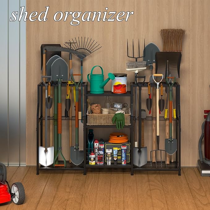 keomaisyto Garden Tool Organizer, Heavy Duty Yard Tool Tower Rack for Garage Organization and Storage, 3 Tier Utility Garden Tool Rack with hooks for Garden/Shed/Garage/Yard/Basement/Lawn