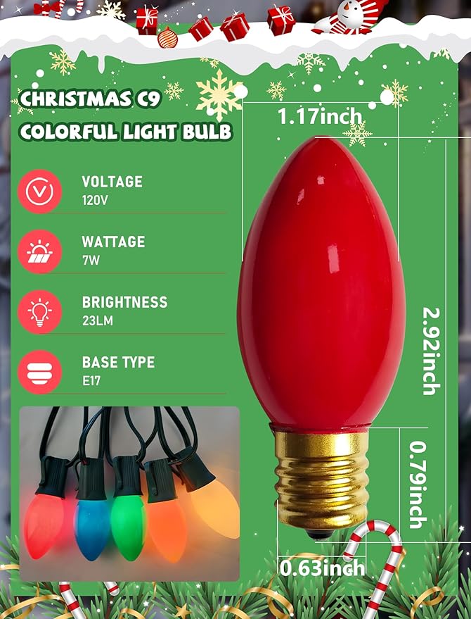 25 Pack C9 Multicolor Christmas Light Bulbs, C9 Incandescent Replacement Bulbs for Christmas String Light, Candle Lamps, E17 Intermediate Base, 7Watt