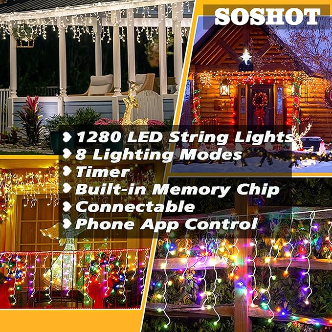 Christmas String Lights Outdoor - 99Ft/30M 1280 LED 8 Modes with Remote Control and App Waterproof Christmas Lights for Patio Yard Garden Wedding Party-Warm White to Multicolor