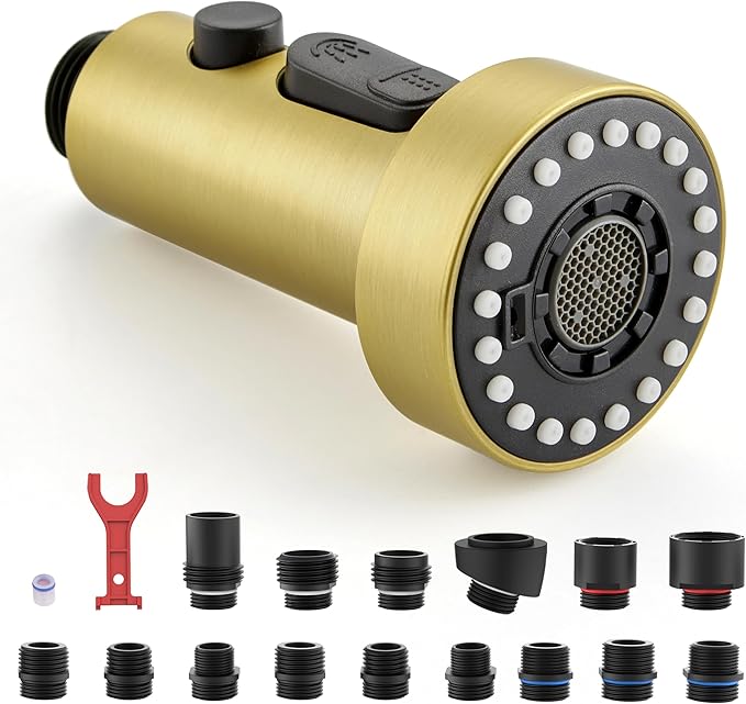 J-HVA Pull Down Kitchen Faucet Sprayer Head Replacement Part, 3 Function Pull Out Sink Sprayer Replacement Nozzle with 15 Adapters, Kitchen Faucet Head Hose Spray Tap Spout, Brushed Gold