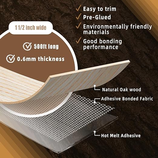 GSCIT Club Oak Edge Banding, 1 1/2 inch x 500ft roll of Wood Veneer Edge Banding Pre-glued Flexible, Real Wood Tape Banding for Cabinet Repair Furniture Restoration