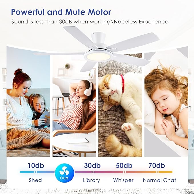 52In Flush Mount Ceiling Fans with Lights - White Low ProfileCeiling Fan with Remote/APP, Reversible, 3CCT Dimmable, Modern Fan Light for Indoor Living Room, Outdoor Covered Patios