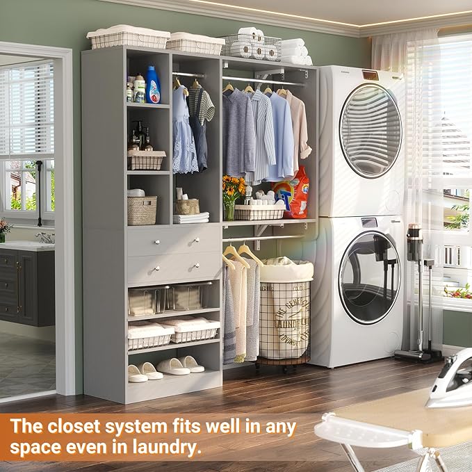 Closet System - 5FT Small Closet System with Drawers, 60" Closet Organizer System with Reversible Hanging Shelving, Closet Systems for Small/Walk-in Closets, Morandi Grey