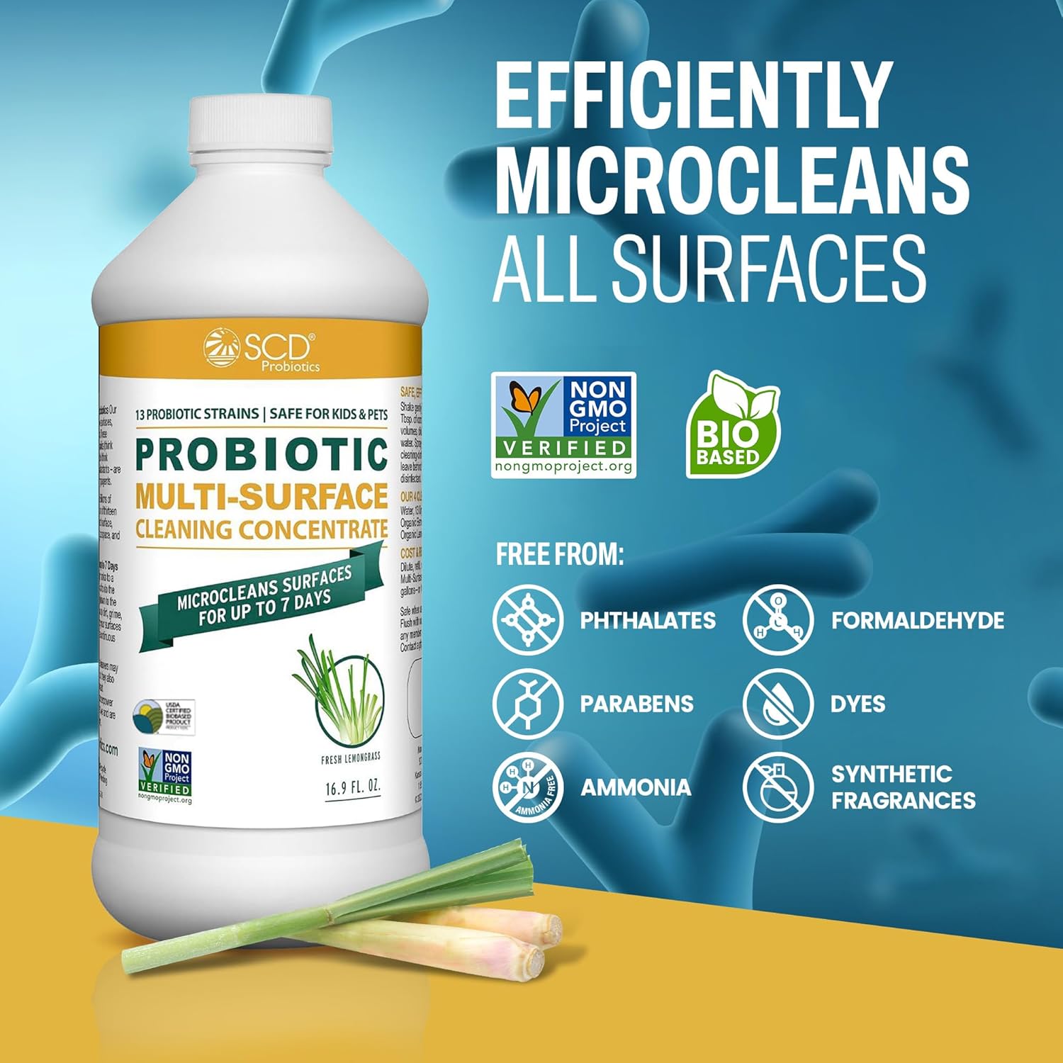 USDA Biobased Probiotic Cleaner, Microcleans Surfaces for Up to 7 Days, Ultra Concentated Multi Surface Cleaning Concentrate with Postbiotics, Lemongrass – 17 Fl Oz. (3 Pack)