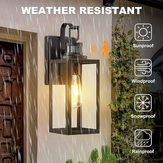 Pia Ricco Motion Sensor Outdoor Wall Lantern, Dusk to Dawn Lighting Sconce, Modern Matte Black Exterior Light Fixture, Waterproof Mount Porch Lights With Clear Glass for Garage, ETL Listed
