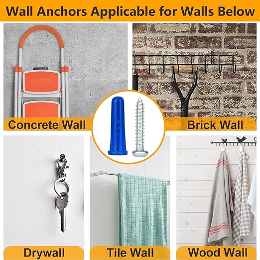 KURUI #10-12 Wall Anchors and Screws Kit, 220PCs Drywall Anchors for Drywall Brick Masonry Stucco Concrete, 110 Plastic Concrete Anchors and 110 Wood Screws, Drywall Anchors for Picture, Curtain Rod