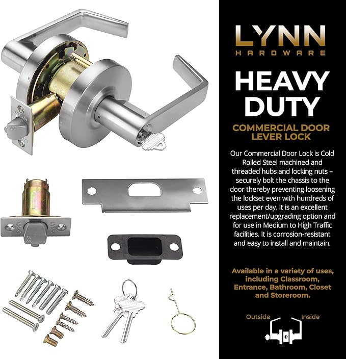 LYNN HARDWARE Classroom Commercial Door Lock - Heavy-Duty Designer Handles for Doors - Durable Grade 2 Indoor Locks for Doors - Cylindrical Lever Door Handle Lock - Satin Chrome
