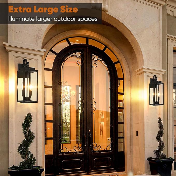 BesLowe 17.5” Upgraded Motion Sensor Outdoor Wall Lights, Dusk to Dawn Porch Lights Outdoor Wall Sconces, 3 Lighting Modes Exterior Lighting Fixtures with Hooks, Black Outside Lights for House, 2-Pack