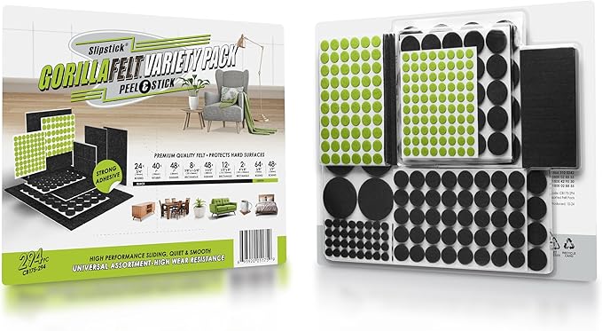 Slipstick Gorilla Felt Furniture Pads (294 Piece Variety Pack) Premium Furniture Pads & Chair Leg Floor Protectors for Hardwood Floors & Hard Surfaces