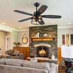 52" Black Ceiling Fan with Light & Remote, Timer, 5 Wood Blades - Rustic Flush Mount Fandelier, 6-Speed Reversible, Indoor/Outdoor for Bedroom, Living Room, Kitchen, Patio