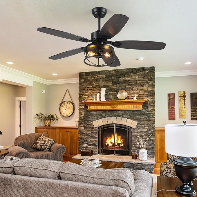 52" Black Ceiling Fan with Light & Remote, Timer, 5 Wood Blades - Rustic Flush Mount Fandelier, 6-Speed Reversible, Indoor/Outdoor for Bedroom, Living Room, Kitchen, Patio