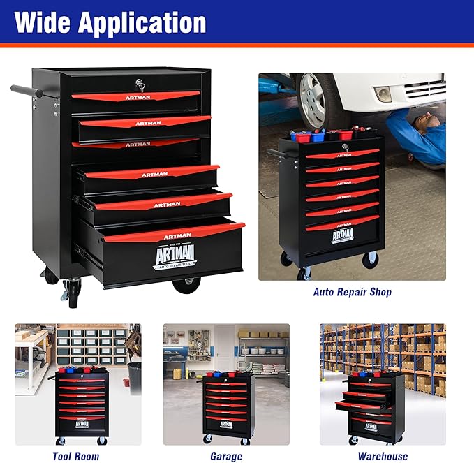 6 Drawers Rolling Tool Box on Wheels, Multifunctional Tool Chest Cabinet with Lock, Drawers Rolling Tool Cart Trolley Organizer Tool Storage Case for Warehouse,Garage,Workshop (Black&Red)