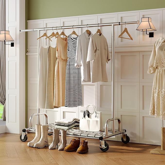 Raybee Heavy Duty Clothes Rack, Clothing Racks for Hanging Heavy Clothes 200+, Rolling Clothing Rack Load 485 LBS, Extendable & Adjustable Portable Commercial Garment Rack with Wheels