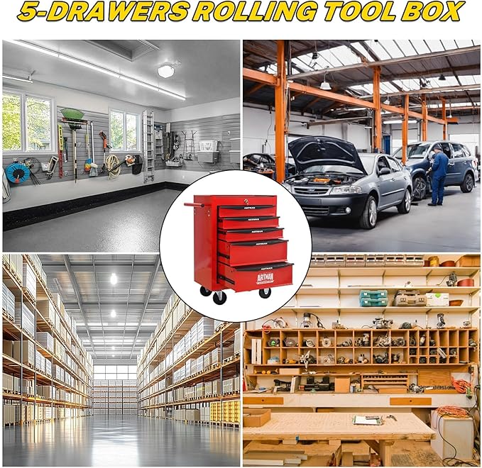 5-Drawer Steel Rolling Tool Cart with Wheels & Handle, Heavy-Duty Tool Chest Storage Cabinet for Garage and Workshop