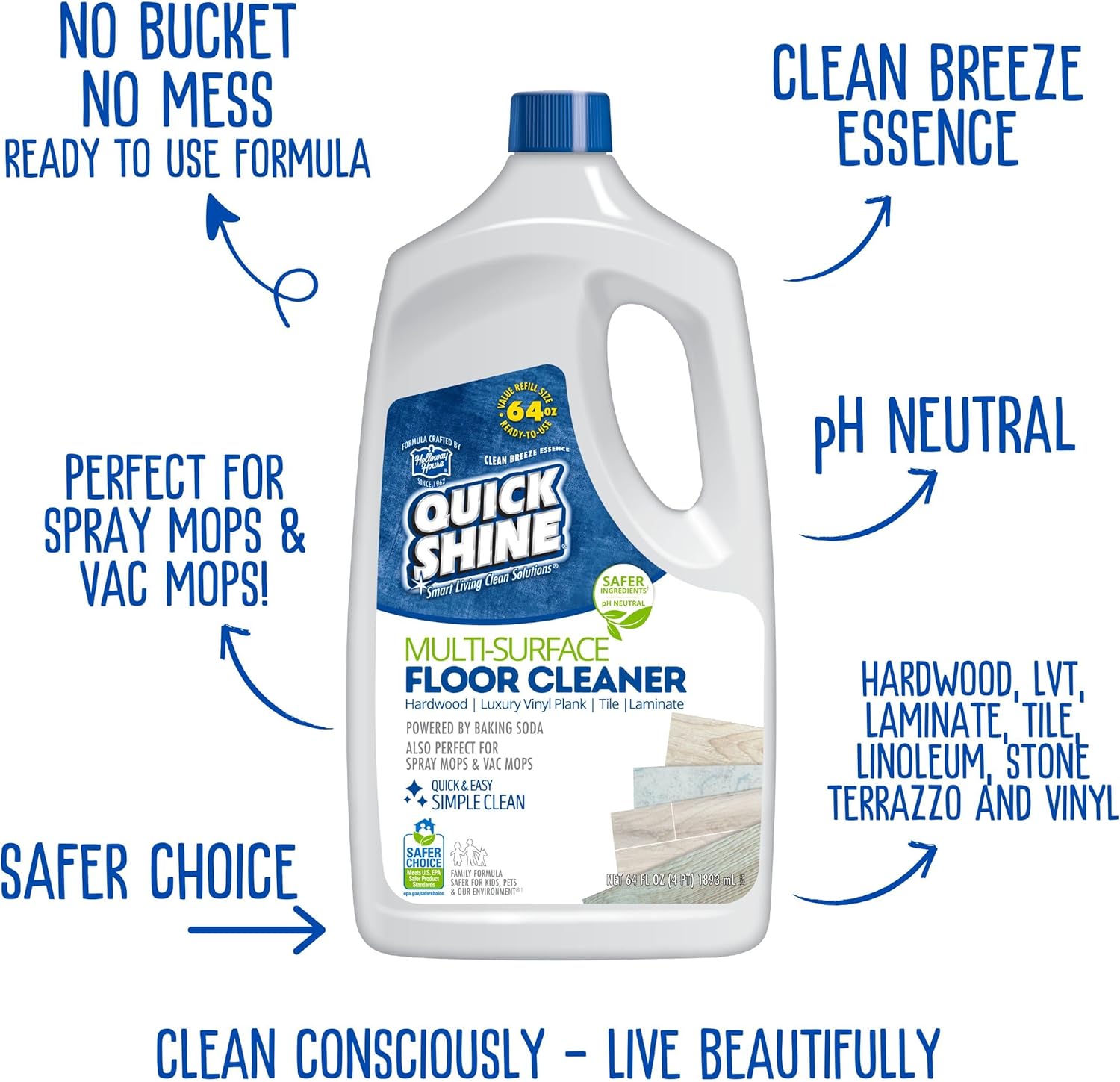 Quick Shine Multi Surface Floor Cleaner 64oz, 4Pk | Ready to Use-Streak Free- No Rinse | Use on Hardwood, Laminate, Luxury Vinyl Plank & Stone | Use in Spray Mops & Vac Mops | Safer Choice Cleaner