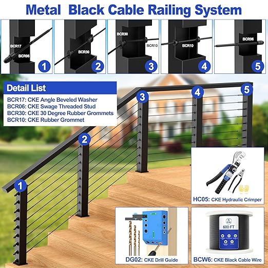 CKE 30 Pack 1/4" Black Angle Beveled Washers for Cable Railing, 30 Degree Beveled Washers for 1/8" 5/32" 3/16" Stair Deck Cable Railing Kit, T316 Stainless Steel Black Cable Railing Angle Washer,BCR17