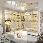 Unikito 75” Closet System with Drawers, 6.2FT Wood Closets Organizer with Hanging Rods and Mirror, Reversible Large Walk in Closet Wardrobe Garment Rack with Shoe Shelves, White Oak