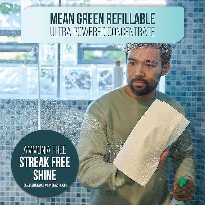Mean Green Refillable Ultra Powered Glass Cleaner Concentrate, Fresh Scent, 14.3 fl oz (2-Pack) – Plant & Mineral Based, Streak-Free Shine, Refillable Bottle Makes 4X Refills