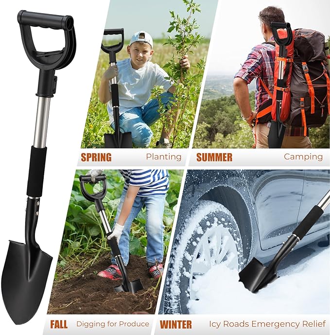 Multi-Task Small Shovel 31" - D-Handle Ergonomic Design for Raised Garden Beds, Outdoor Compact Spaces & Family Camping (Rustproof & Ultra-Light), Silver