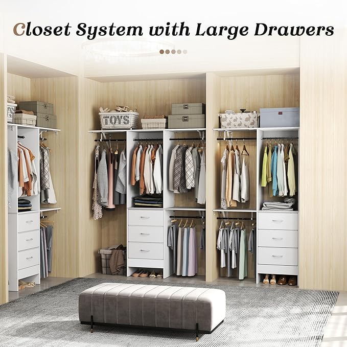 YOUDENOVA 5FT Closet System with 3 Drawers, 59 Inches Wood Closet Organizer System, Walk-in Closet Built In System Tower, Closet Wardrobe Clothes Garment Racks, White