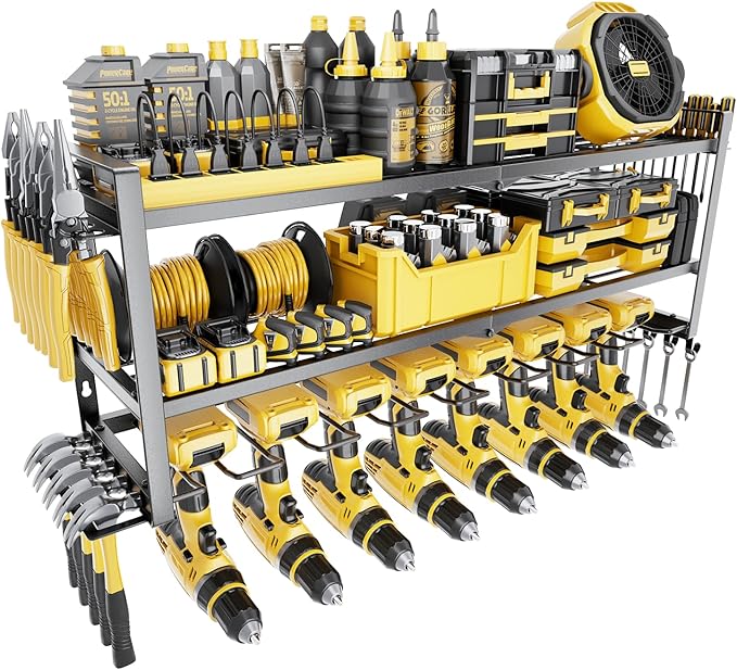 Power Tool Organizer - 3 Layer 8 Drill Holder Wall Mount, Storage Rack for Garage Organization, Large Tool Shelf, Gifts for Him Men Dad Husband Anniversary Fathers Day, Cool Gadget Stocking Stuffer