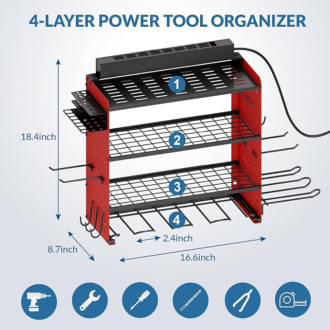 Power Tool Organizer with Charging Station, 4 Layers Garage Storage Rack with 6 Drill Holders, Father's Days Gift For Dad, Wall Mount Garage Organizer Built in 8 Outlets Power Strip, Red